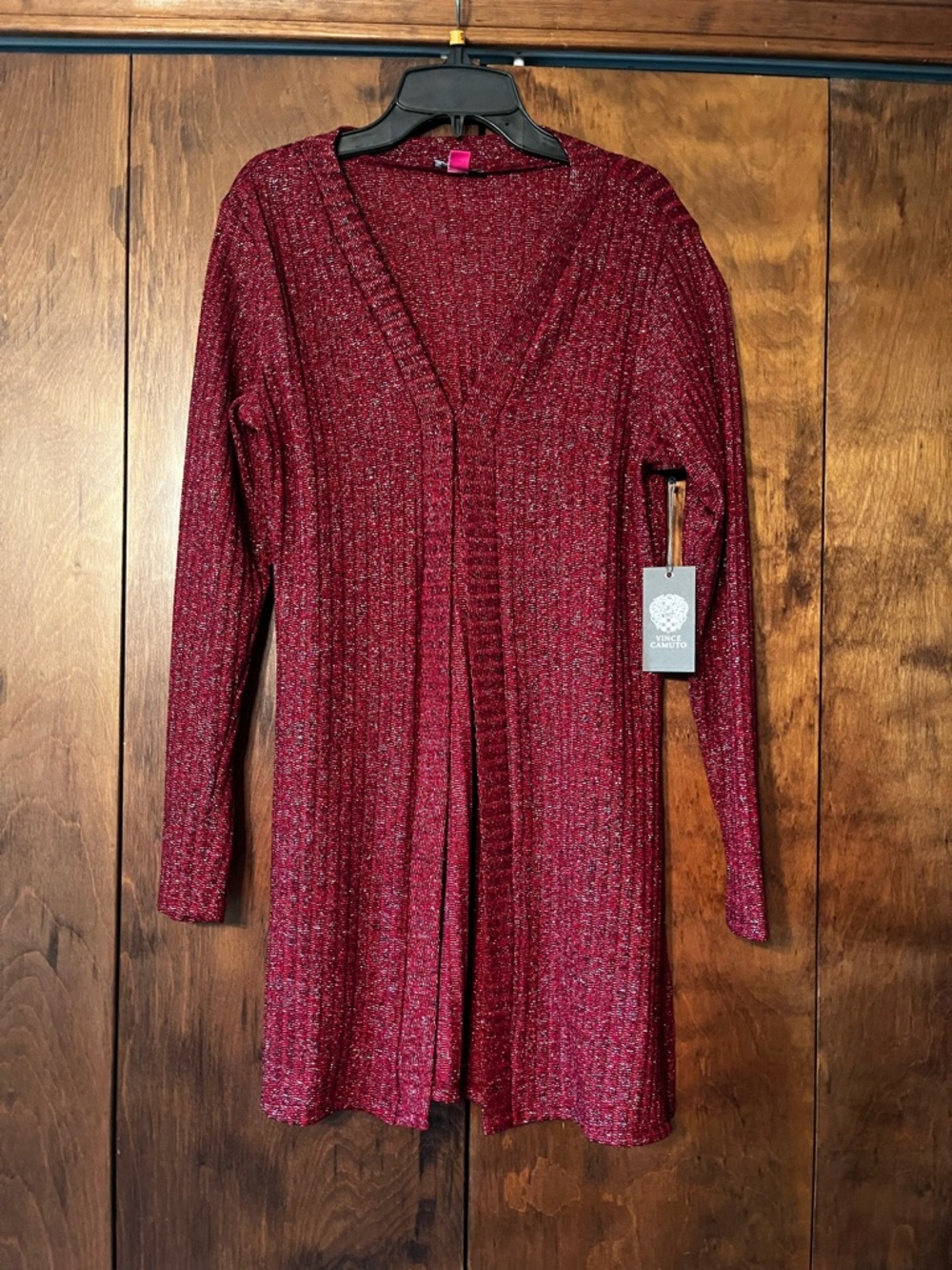 Vince Camuto Metallic Ribbed Open Cardigan - Vermilion Red